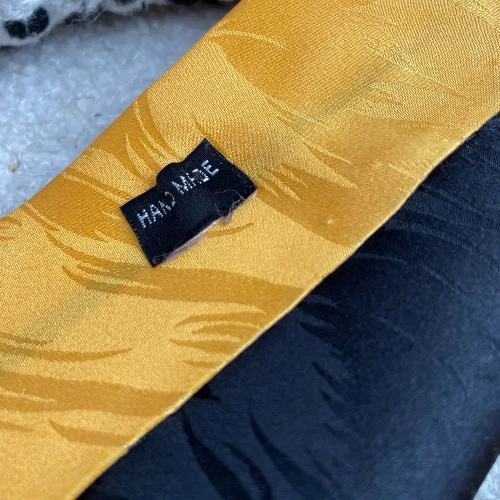 Vintage Mod Retro Silk Handmade in Korea Tie Black Gold Yellow